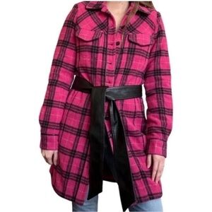 Pink Plaid Belted Shirt Jacket